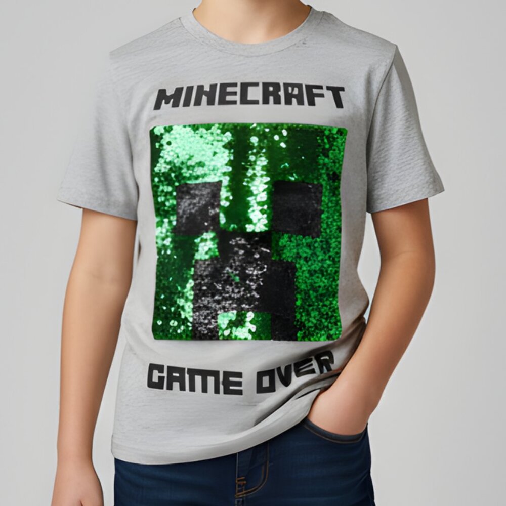 Minecraft Reversible Sequin Game Over T-Shirt Kids Medium Gray Creeper/TNT